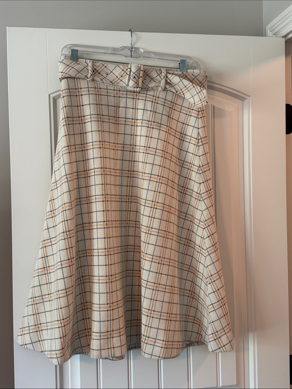 Ann Taylor Cream and Golden Yellow Plaid A-Line Skirt with Belted Waist